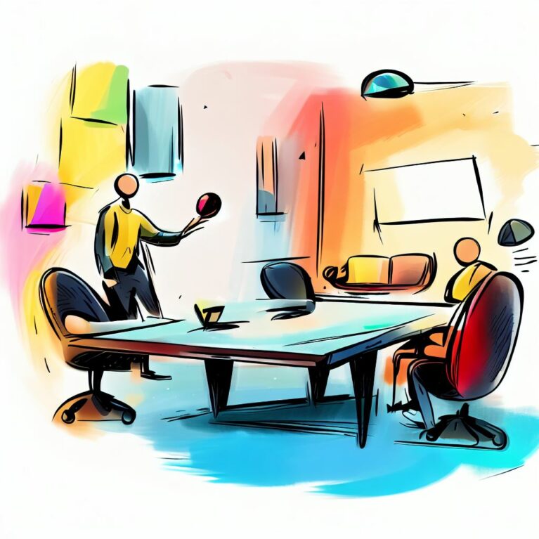 Un dessin de gens qui font une réunion sur une table de ping pong.