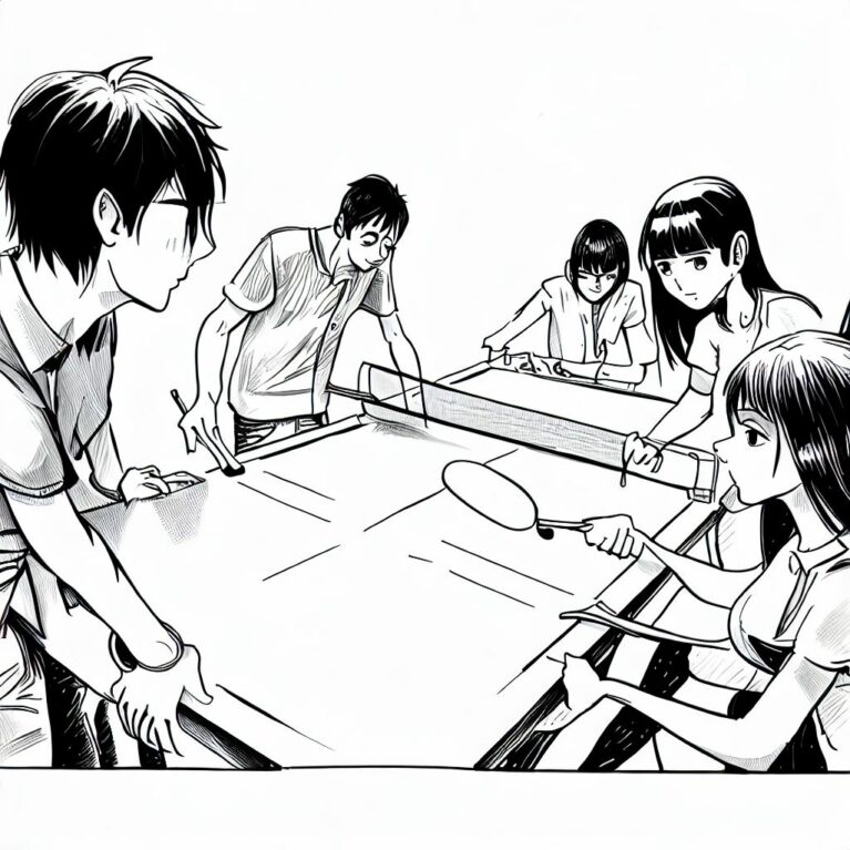 Un dessin de jeunes autour d'une table de ping pong.